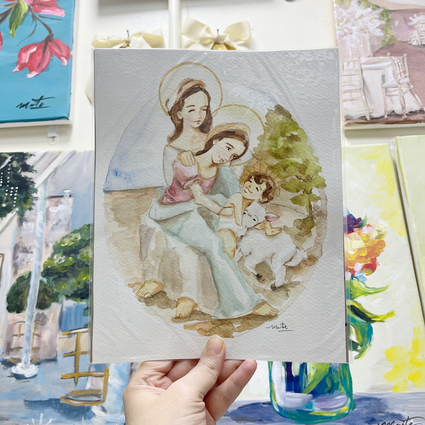 Santa Ana, Virgen María y el Niño Jesús - Acuarela Original