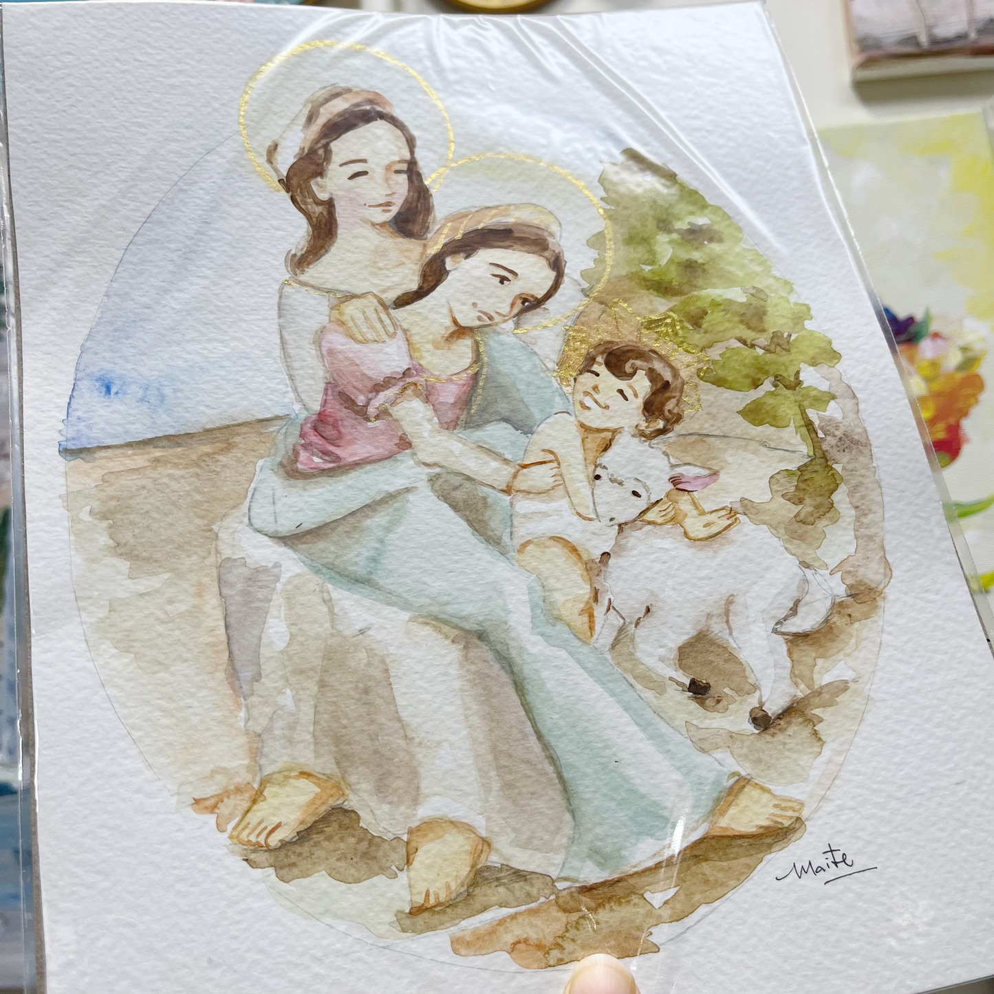 Santa Ana, Virgen María y el Niño Jesús - Acuarela Original