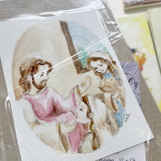 María y Marta con Jesús - Acuarela Original
