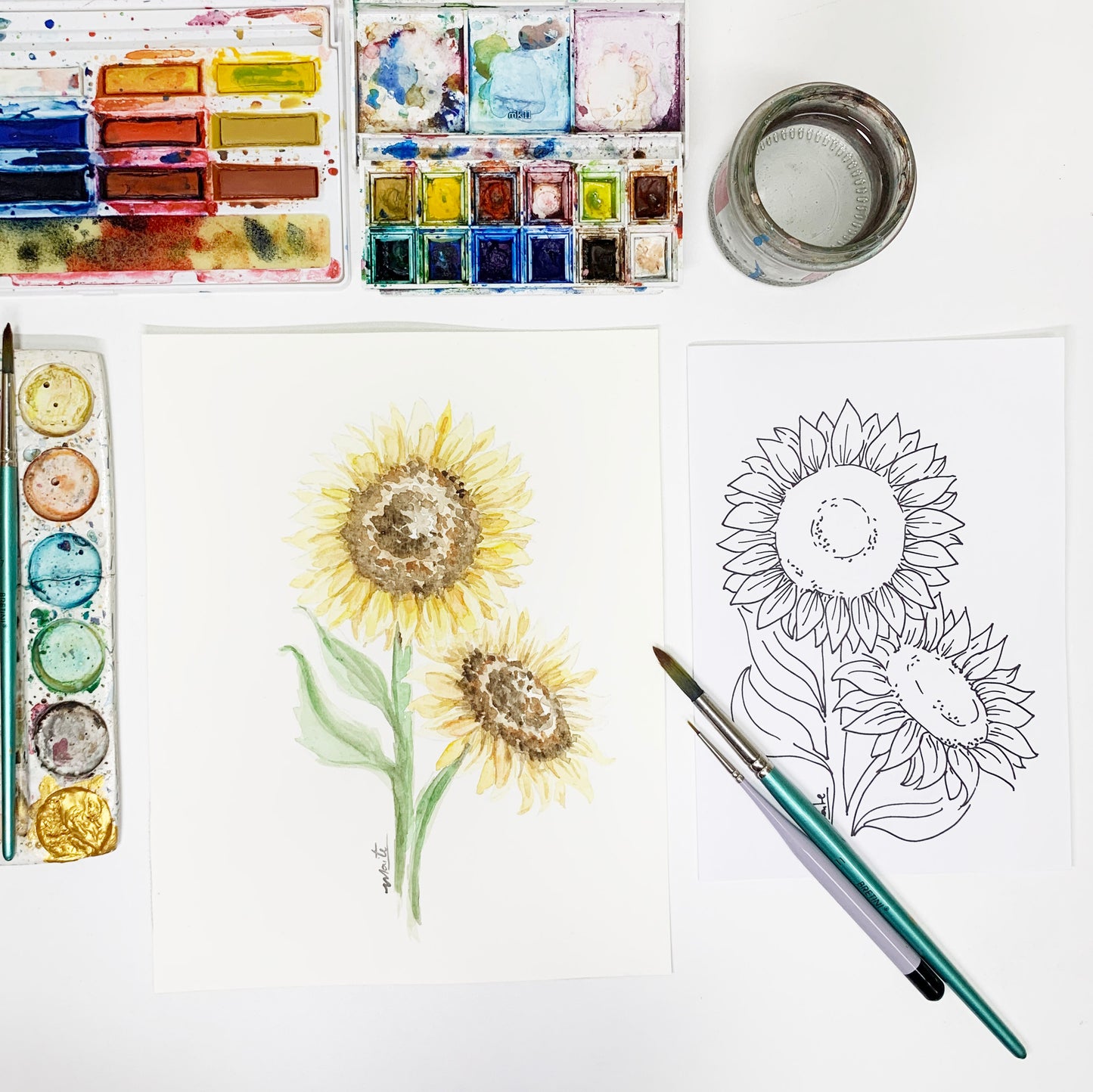 Plantilla Girasol + Live en acuarela.