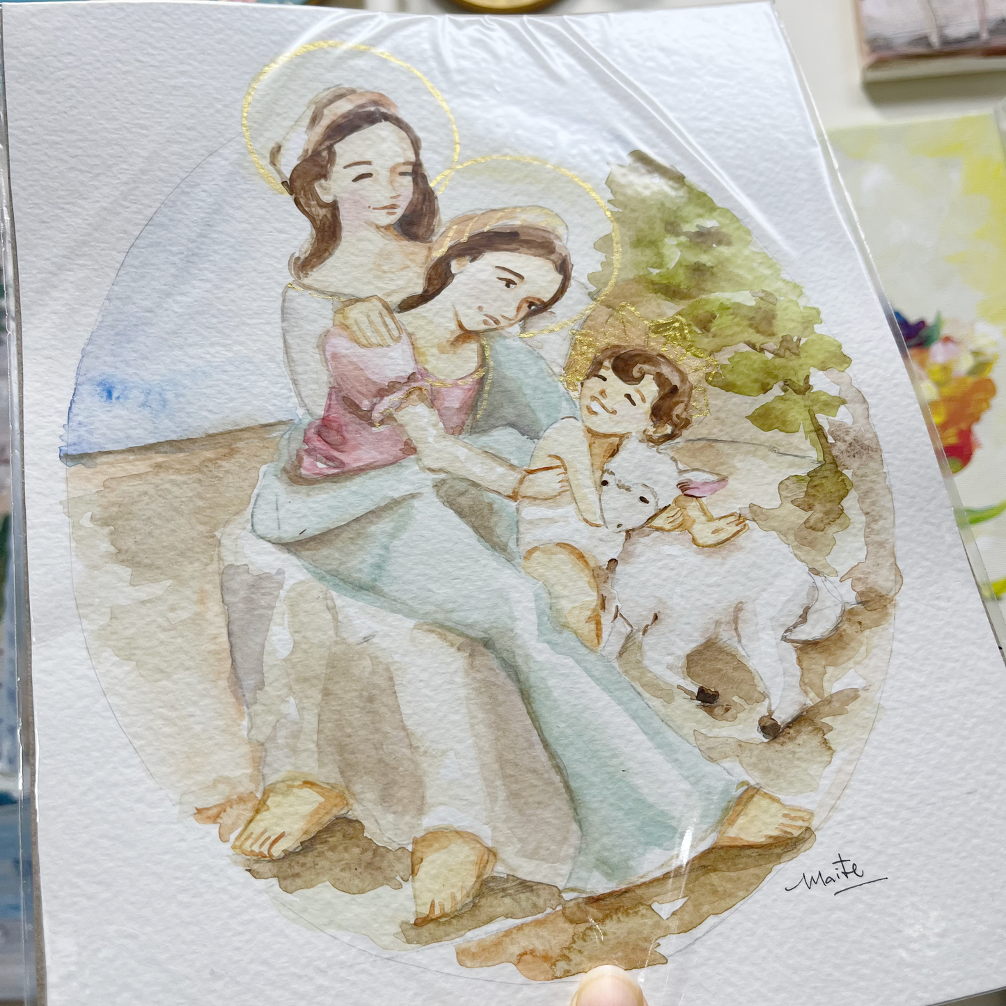 Santa Ana, Virgen María y el Niño Jesús  - Acuarela Original